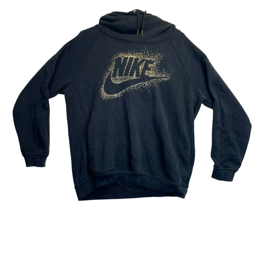 Nike Funnel Neck Hoodie Black Gold Swoosh Women’s Large Pullover